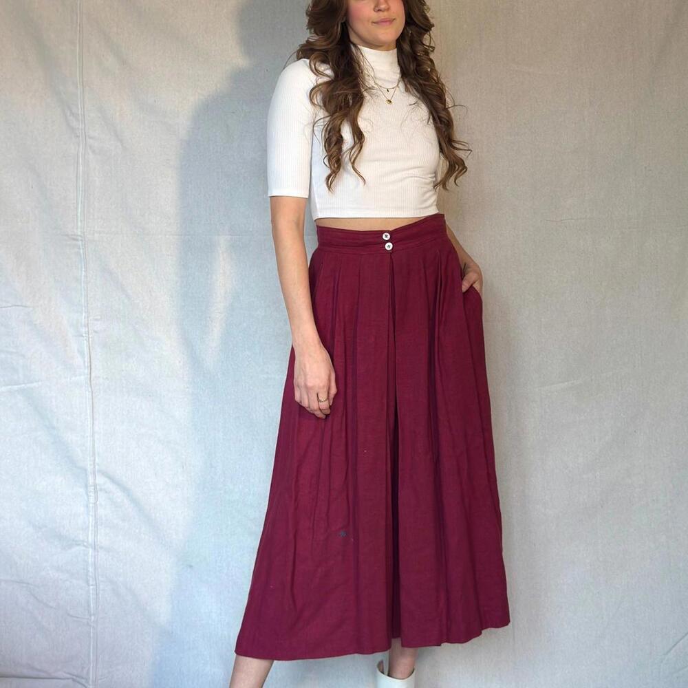 70s Burgundy Pleated Midi Skirt - Picture 3 of 12